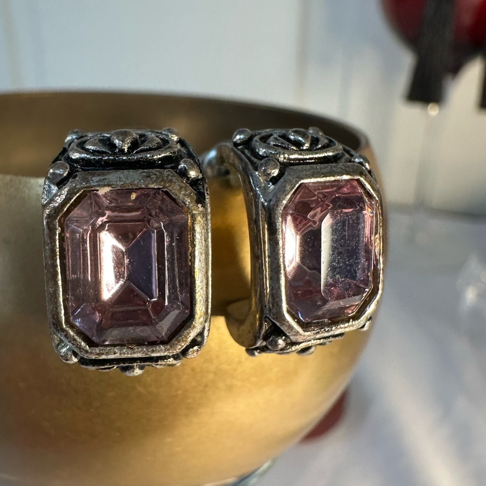 Art deco style pink emerald cut stone silvertone earrings